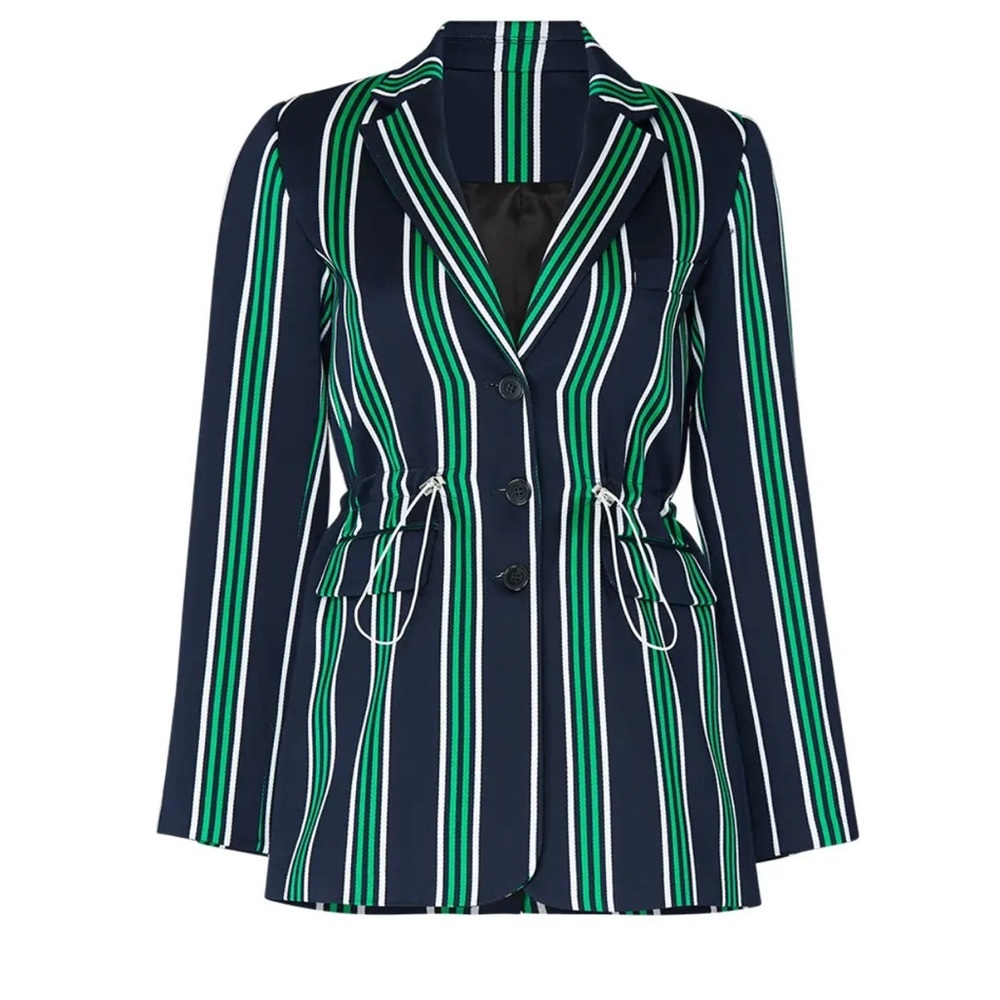 Victoria/Tomas Italian Designer Navy/Green Striped Cinched Waist Blazer Jacket